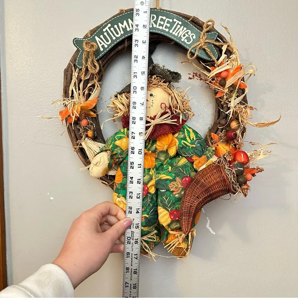 Vintage 1990s Autumn Harvest Wreath with Scarecrow & Fall Vegetables